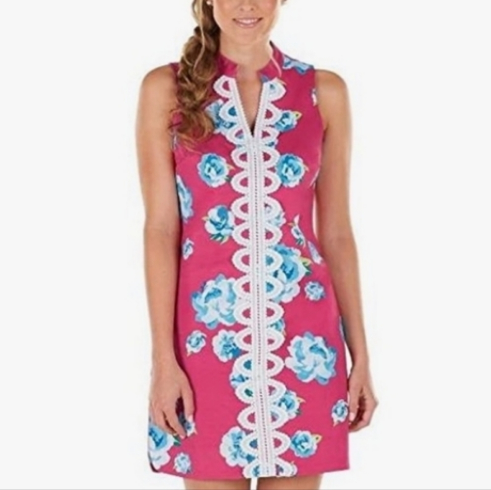 Mud Pie Pie Pink White & Blue Floral Shift Dress